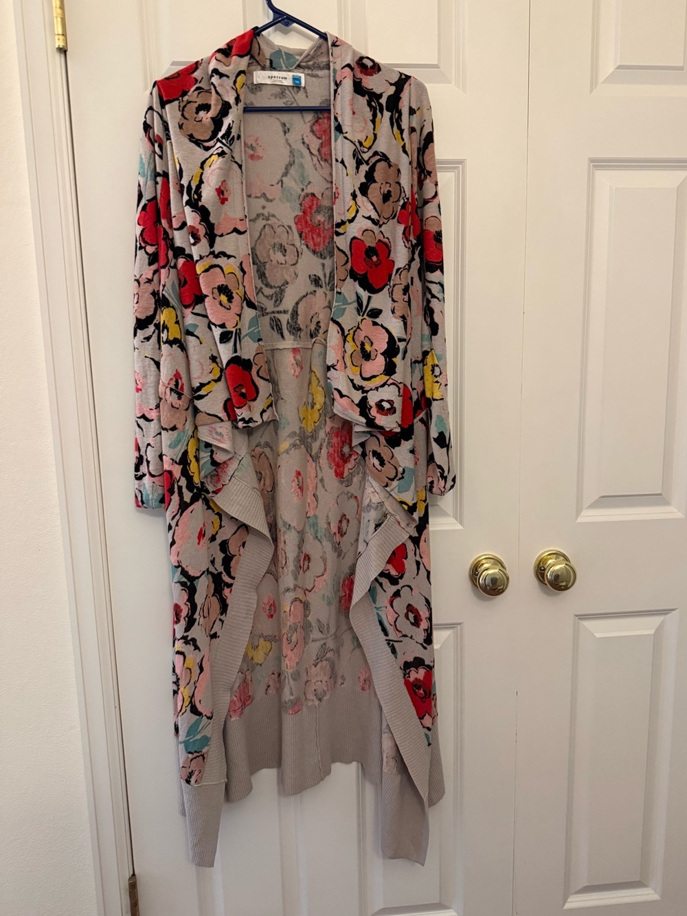 Sparrow Floral Open-Front Duster Cardigan in Taupe with Red & Yellow Flowers